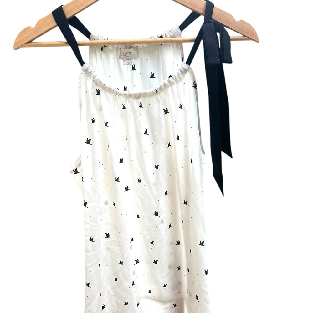 A-line blouse white w/ black bird print, Ribbon straps, Ann Taylor Loft, L